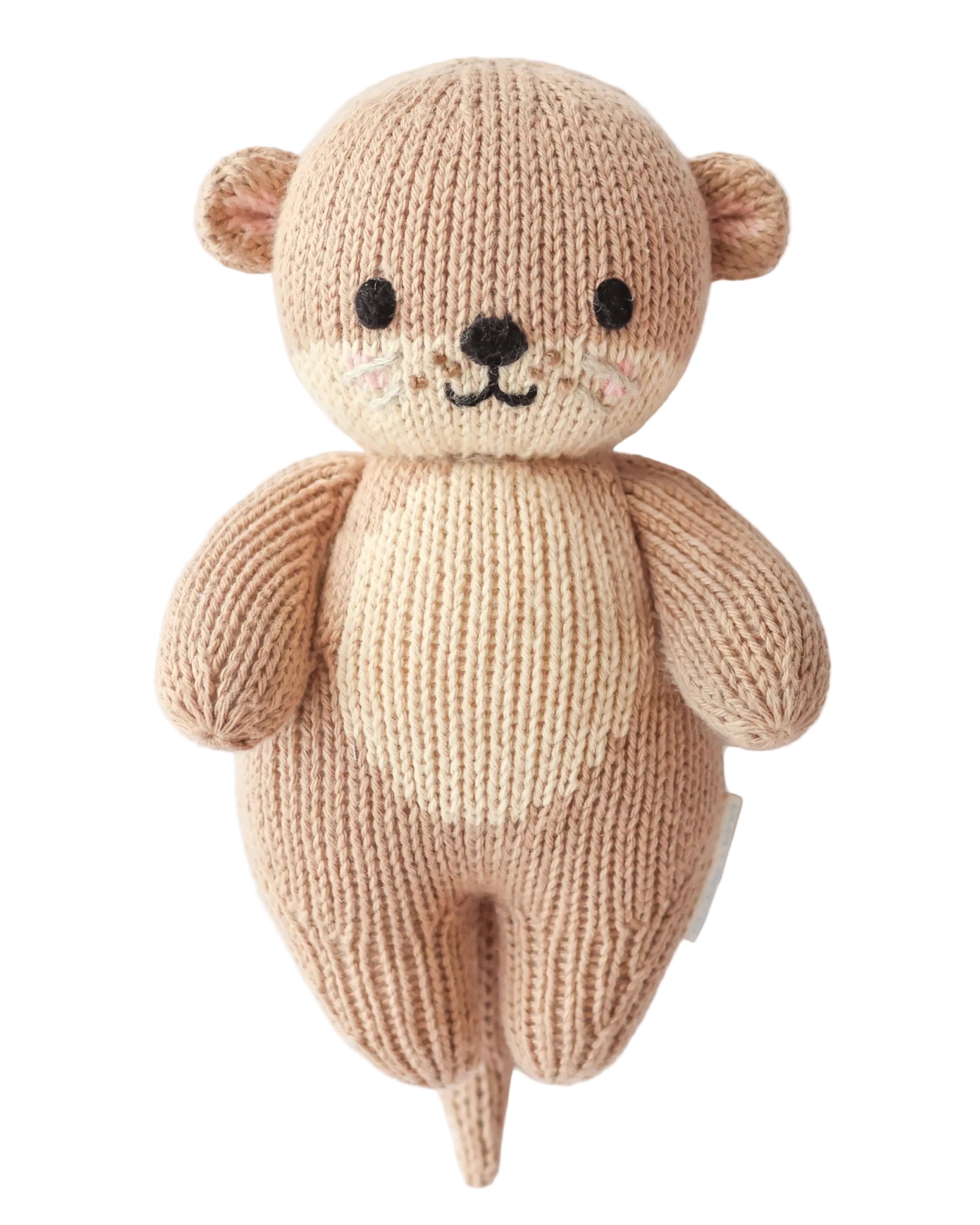 Knitted teddy bear toy on a white background