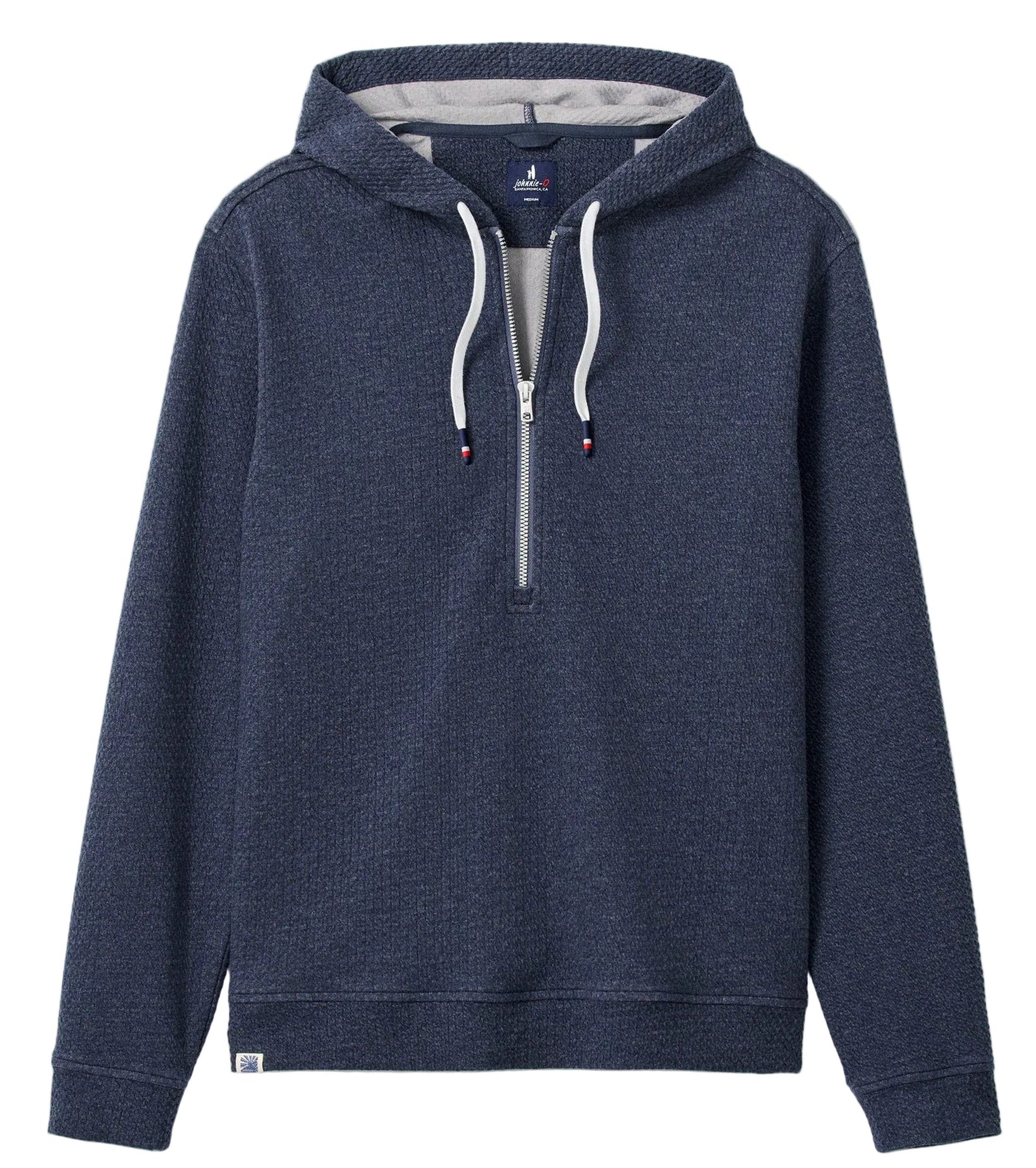 Blue hoodie with a zipper on a light gray background