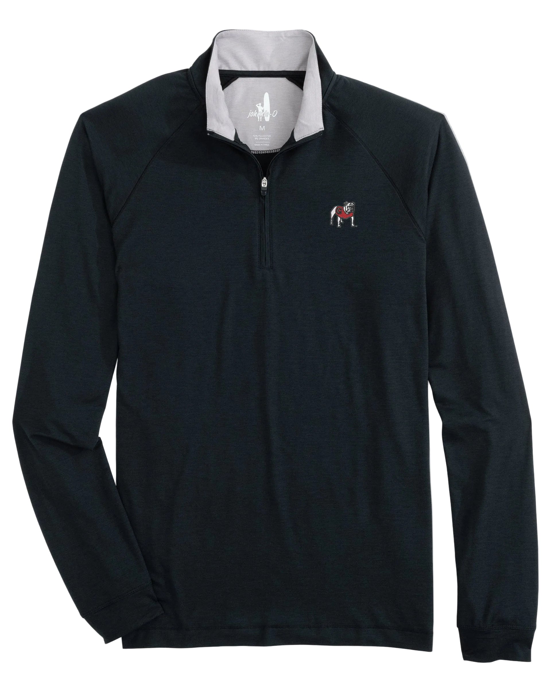 Black quarter-zip pullover with a logo on a white background