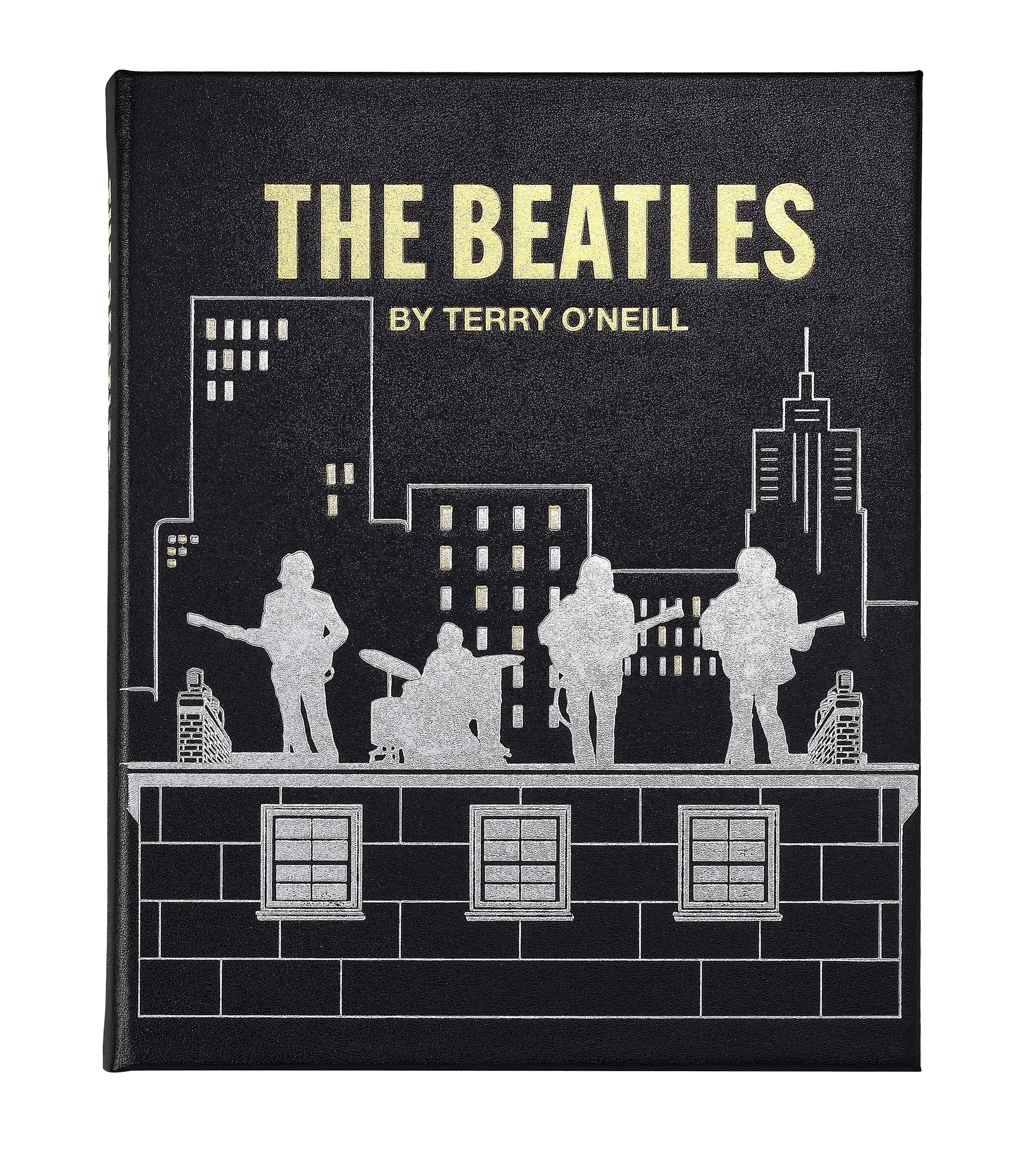 Book cover of 'The Beatles' by Terry O'Neill with a black and white illustration of the band members on a rooftop.