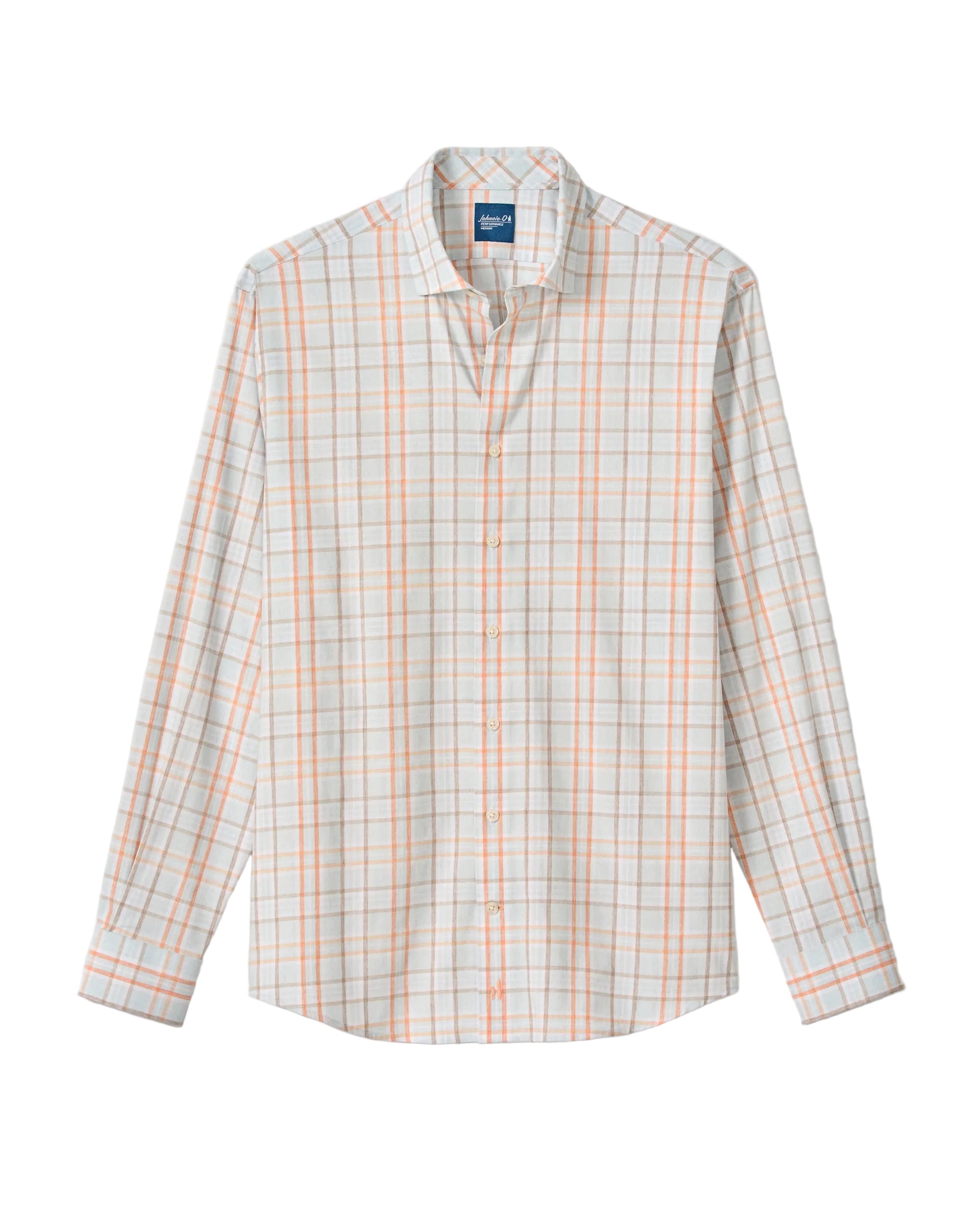 Plaid shirt with orange and blue pattern on a light gray background