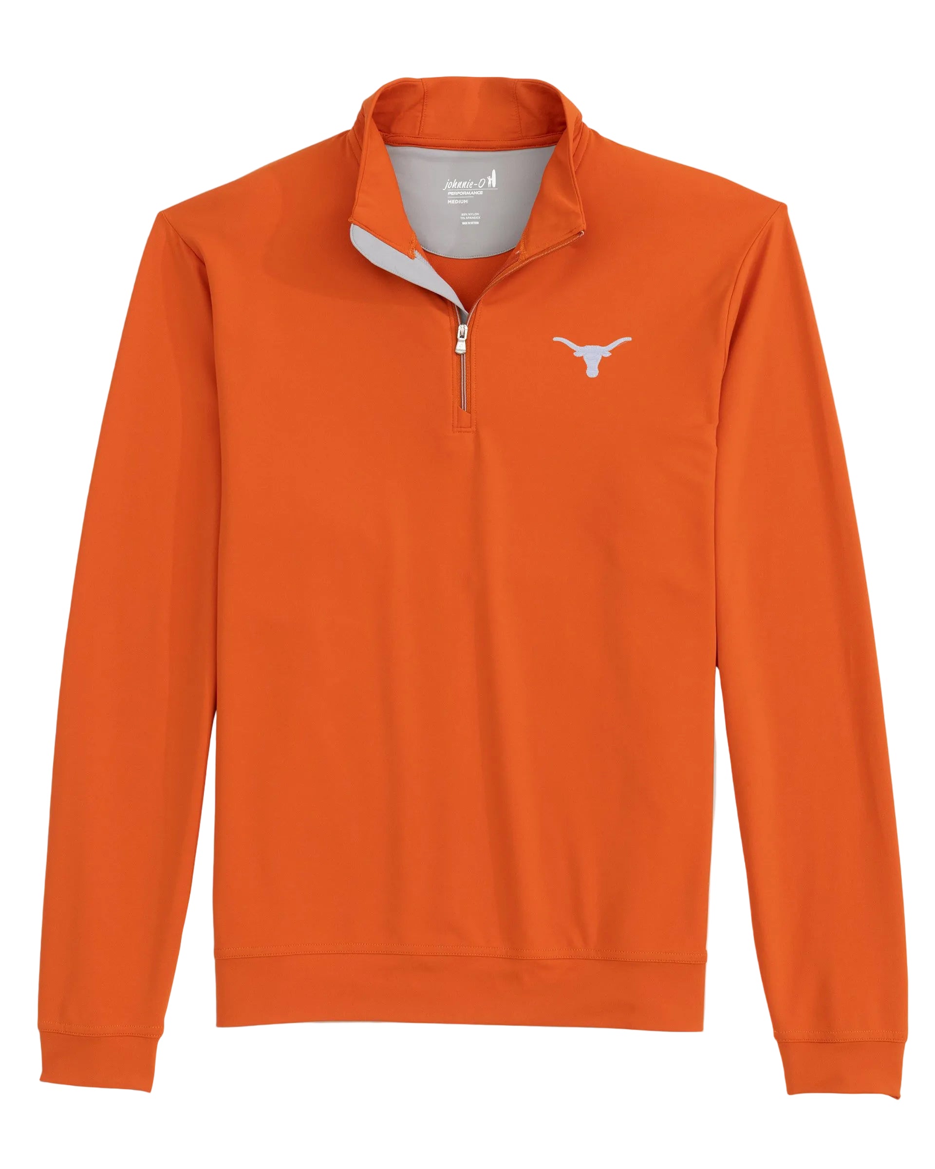 An orange long-sleeve quarter-zip pullover sweatshirt with a white embroidered Texas Longhorns logo on the left chest, displayed on a neutral light gray background.