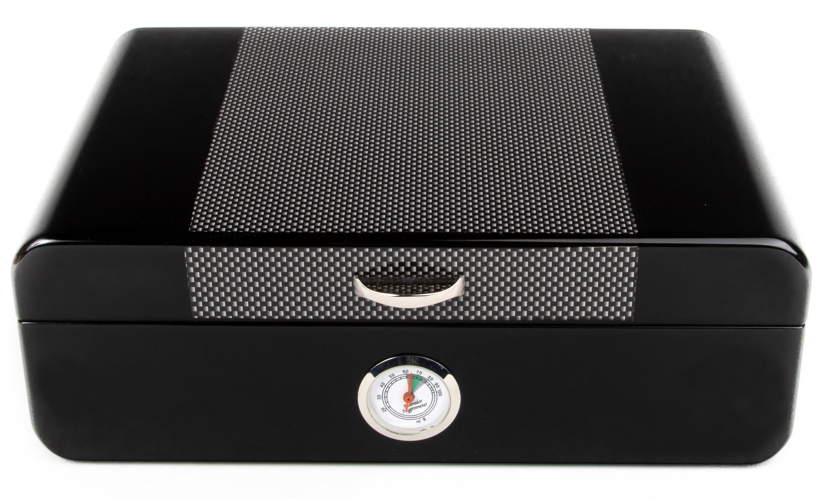 Black humidor with silver emblem on a white background