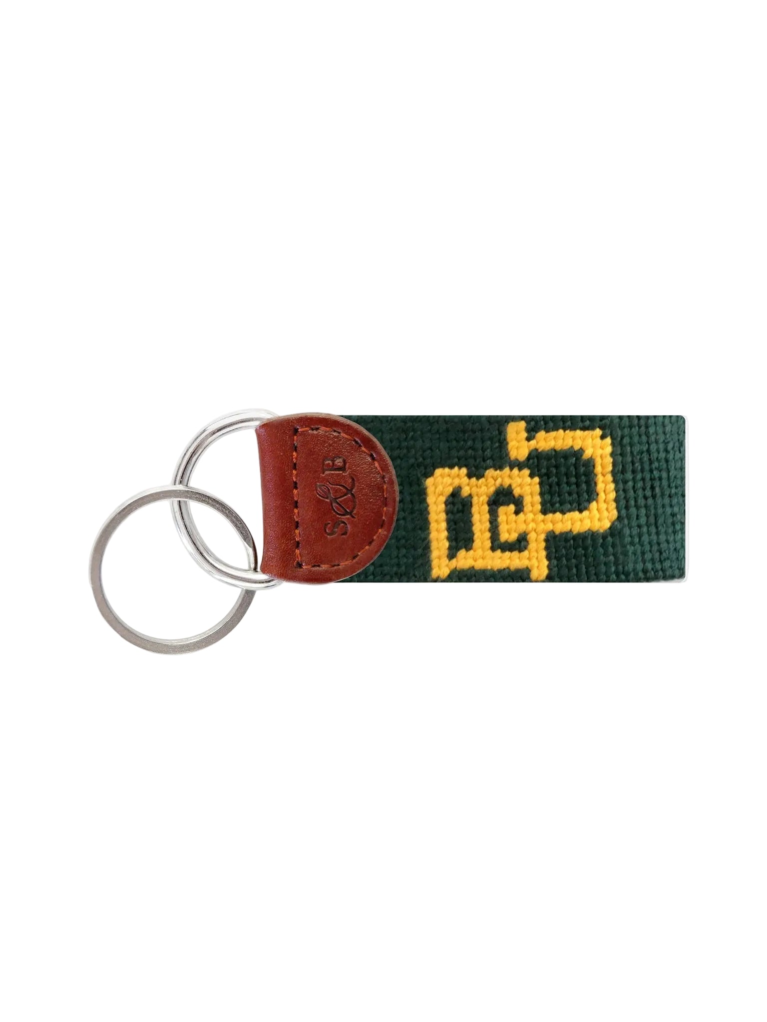 Keychain with green strap featuring a logo on a white background