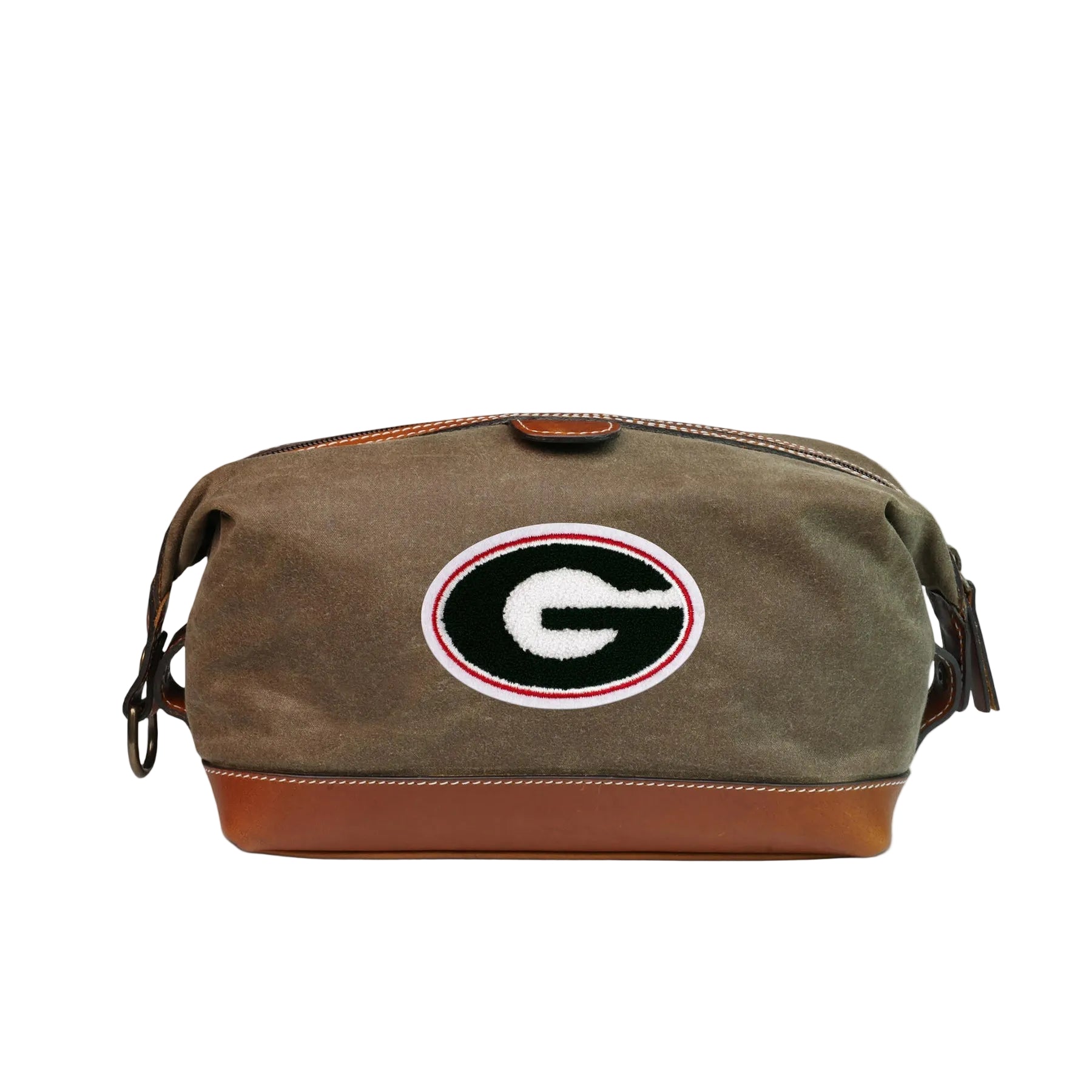 Brown UGA toiletry bag with a logo on a white background