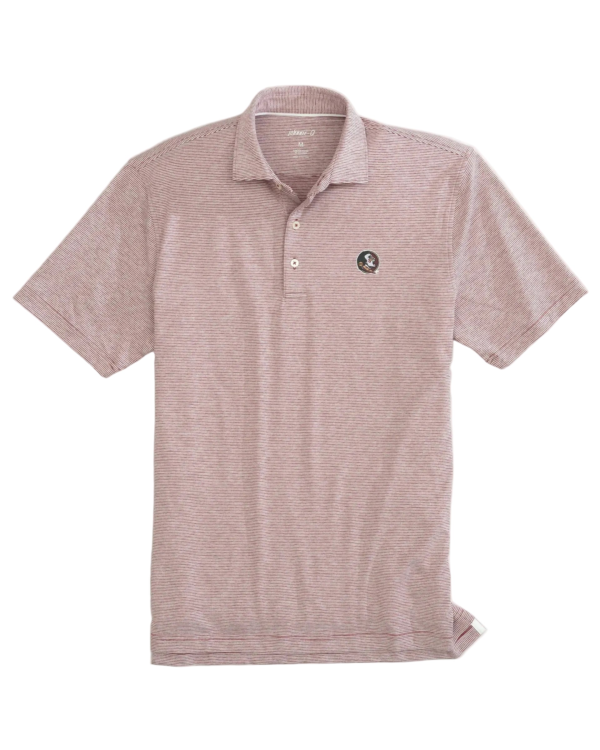 Pink polo shirt with a small logo on a light gray background