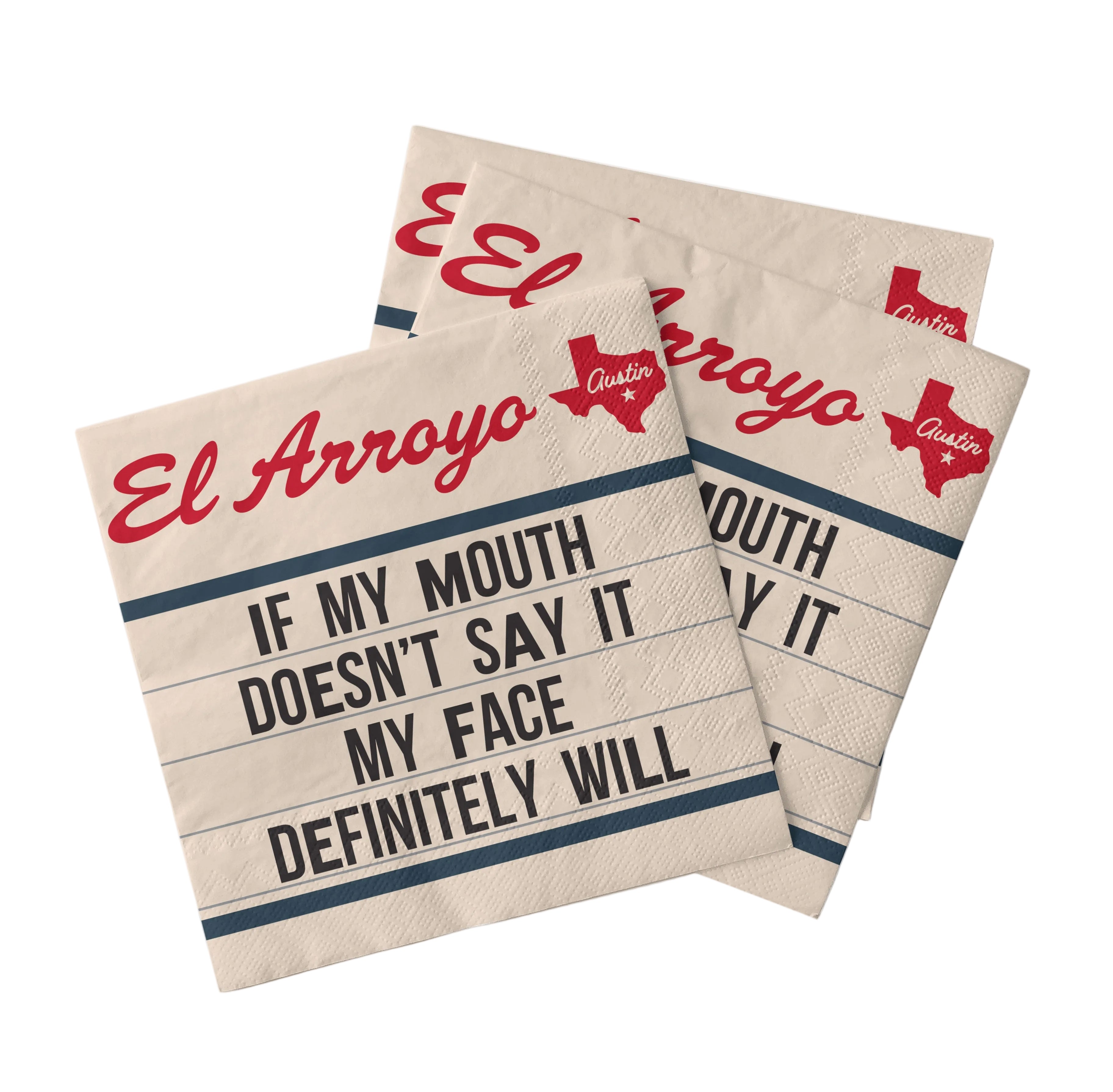 Two towels with 'El Arroyo' branding and humorous text on a white background