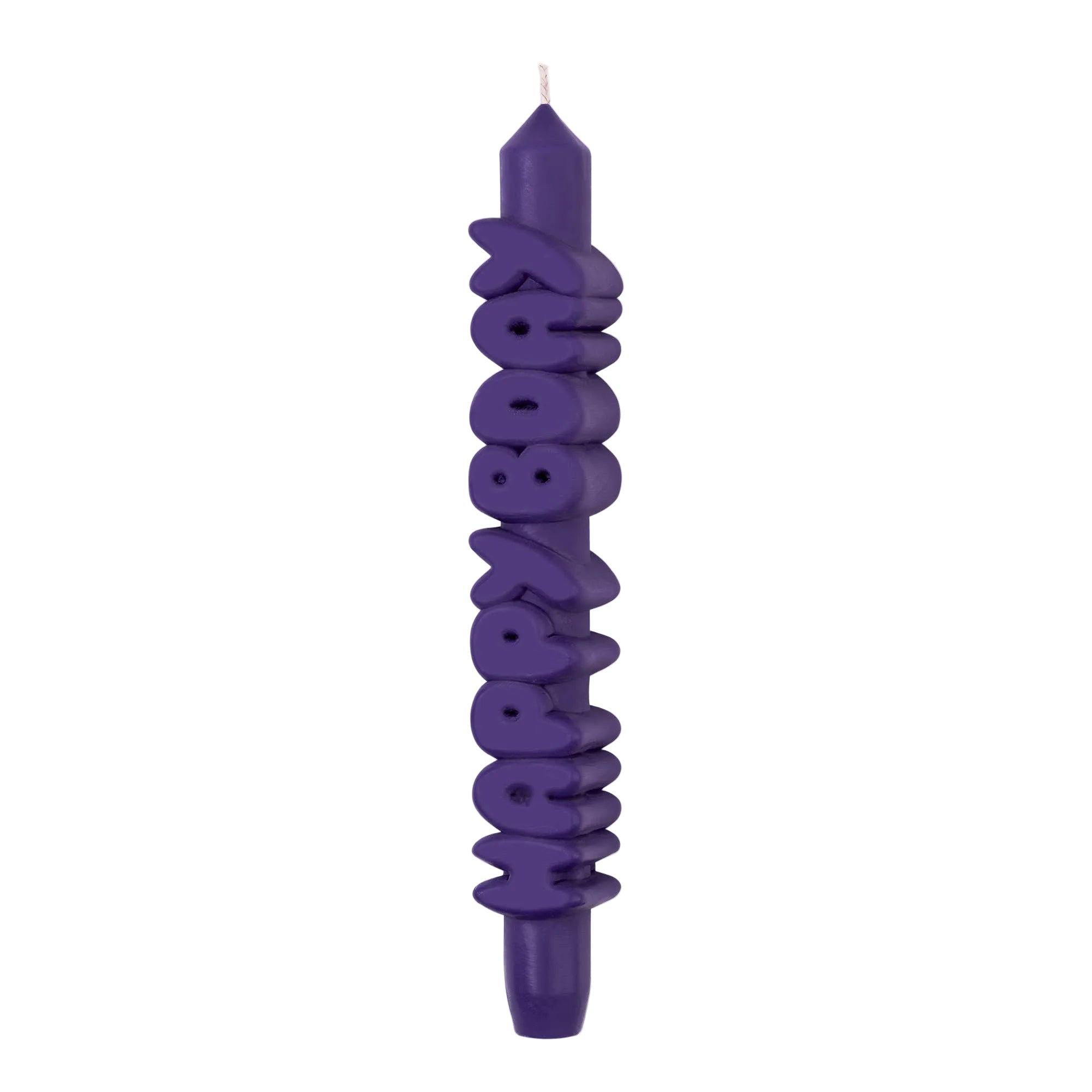 Purple candle with twisted design on a white background