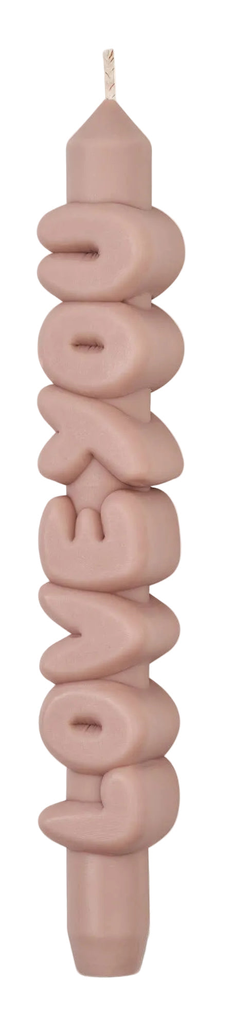 Pink candle shaped like the word 'LOVE' on a white background