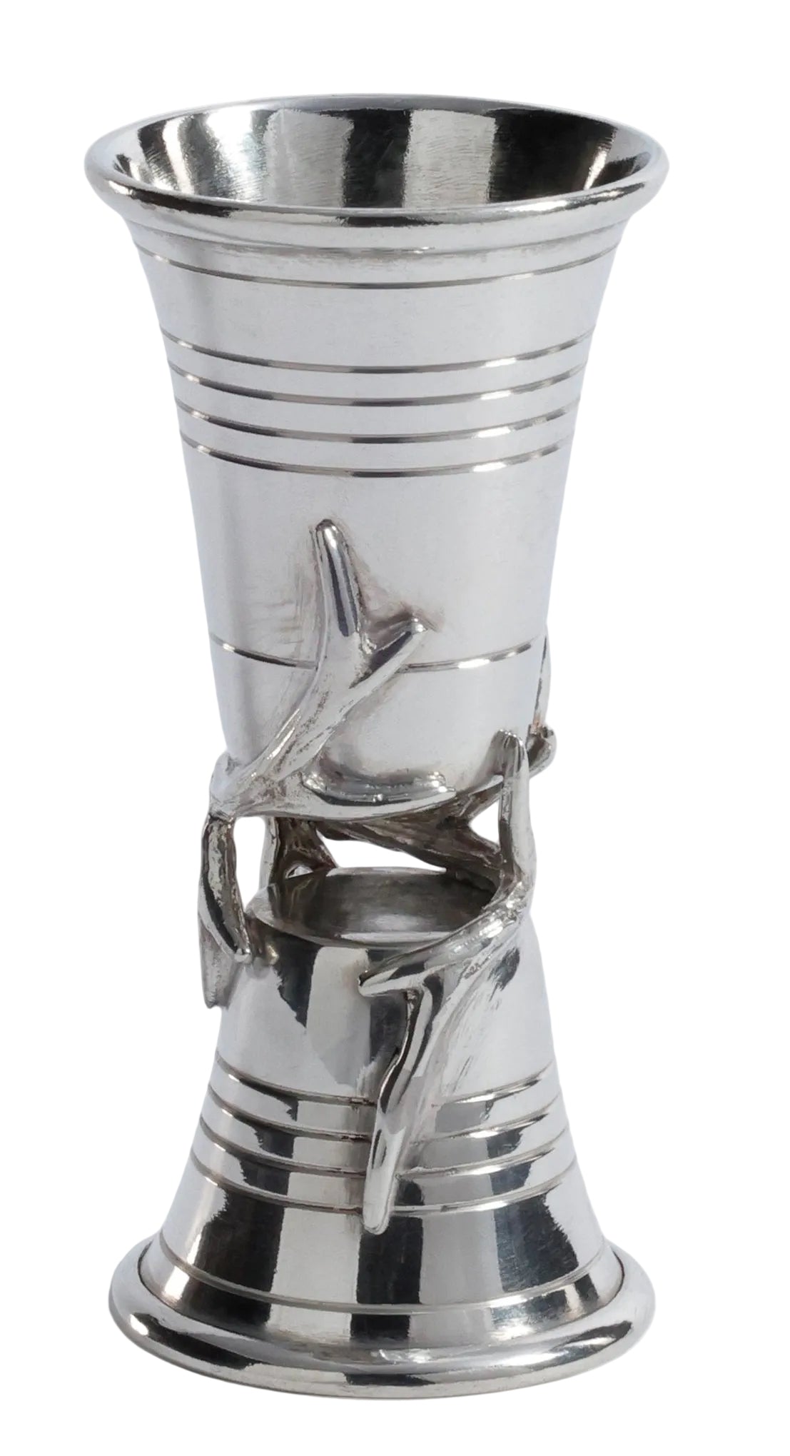 Silver vase with decorative design on a white background