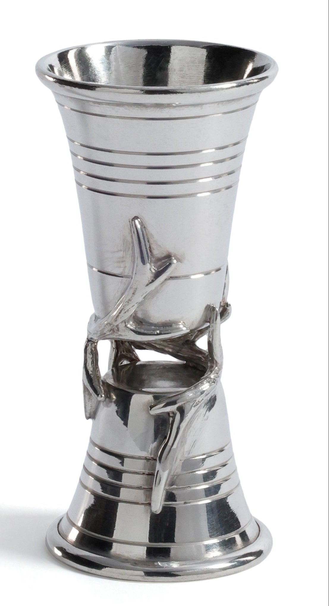 Silver vase with decorative design on a white background
