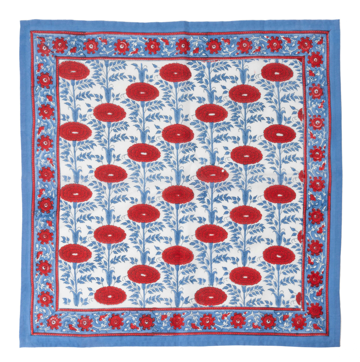 Square scarf with red floral pattern on a blue background