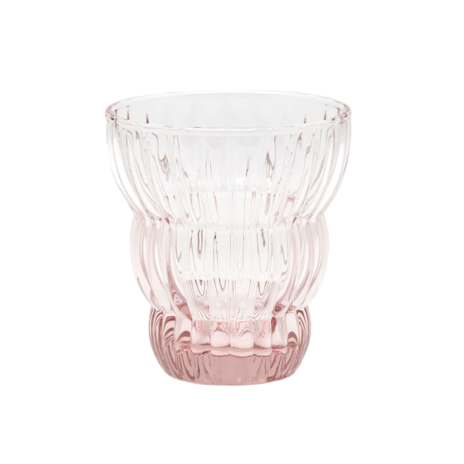 Pink glass vase with textured design on a white background