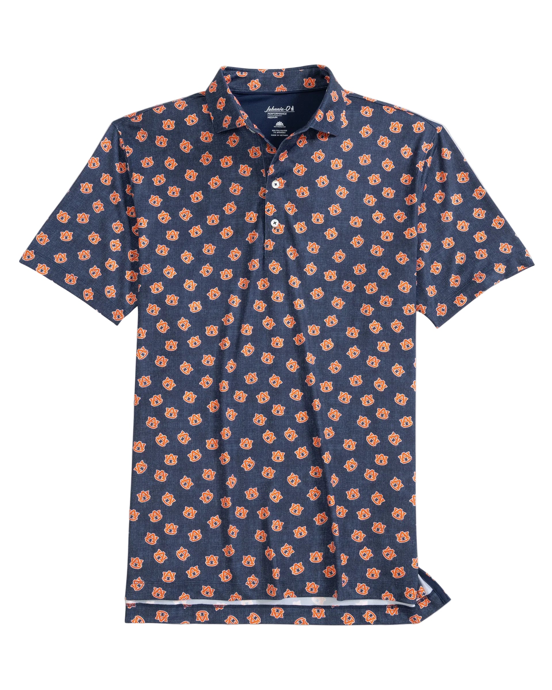 Navy blue polo shirt with small orange floral pattern on a light gray background