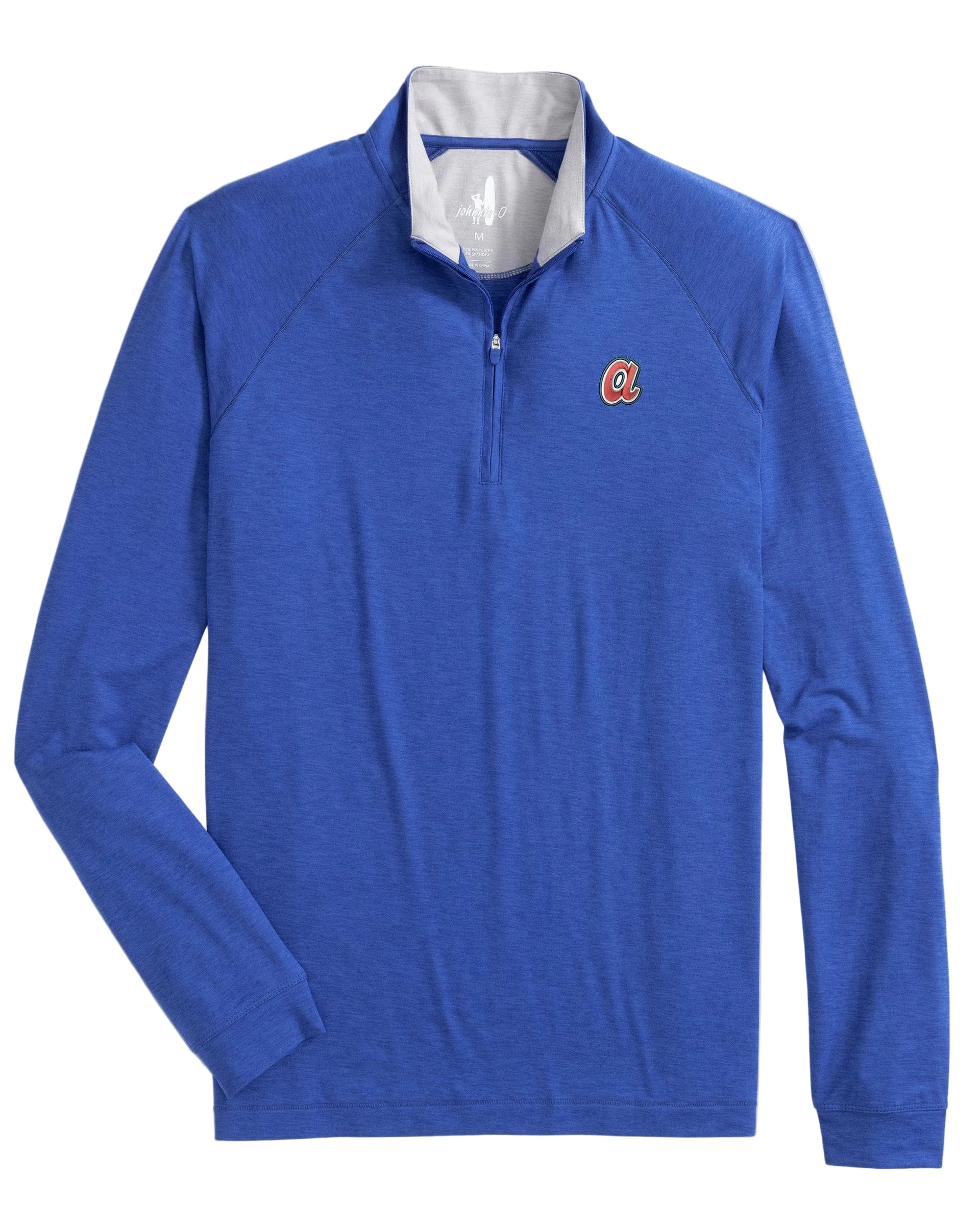 Blue long-sleeve shirt with a logo on a light gray background