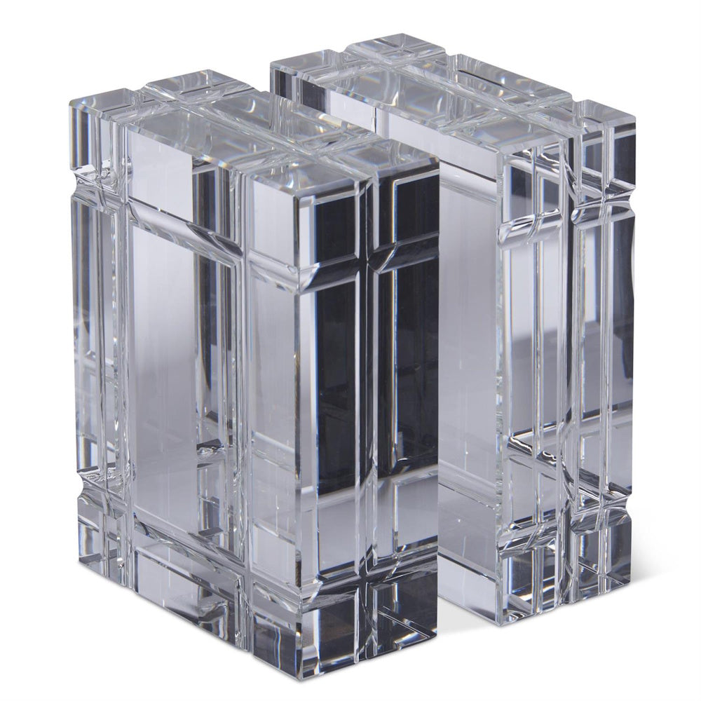 Set of 2 8 Inch Crystal Glass Grid Paned Bookends