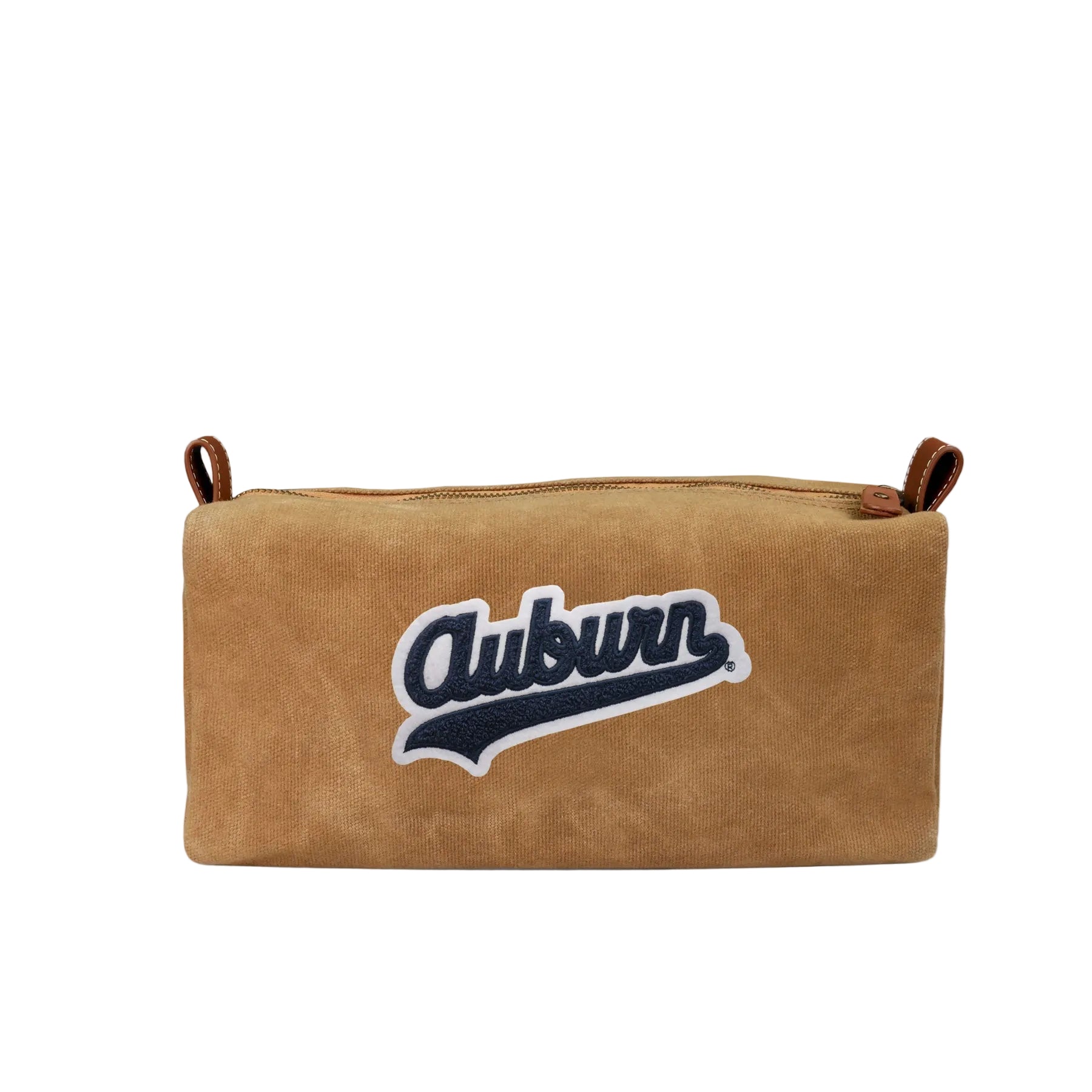 Brown pouch with 'Auburn' logo on a light gray background