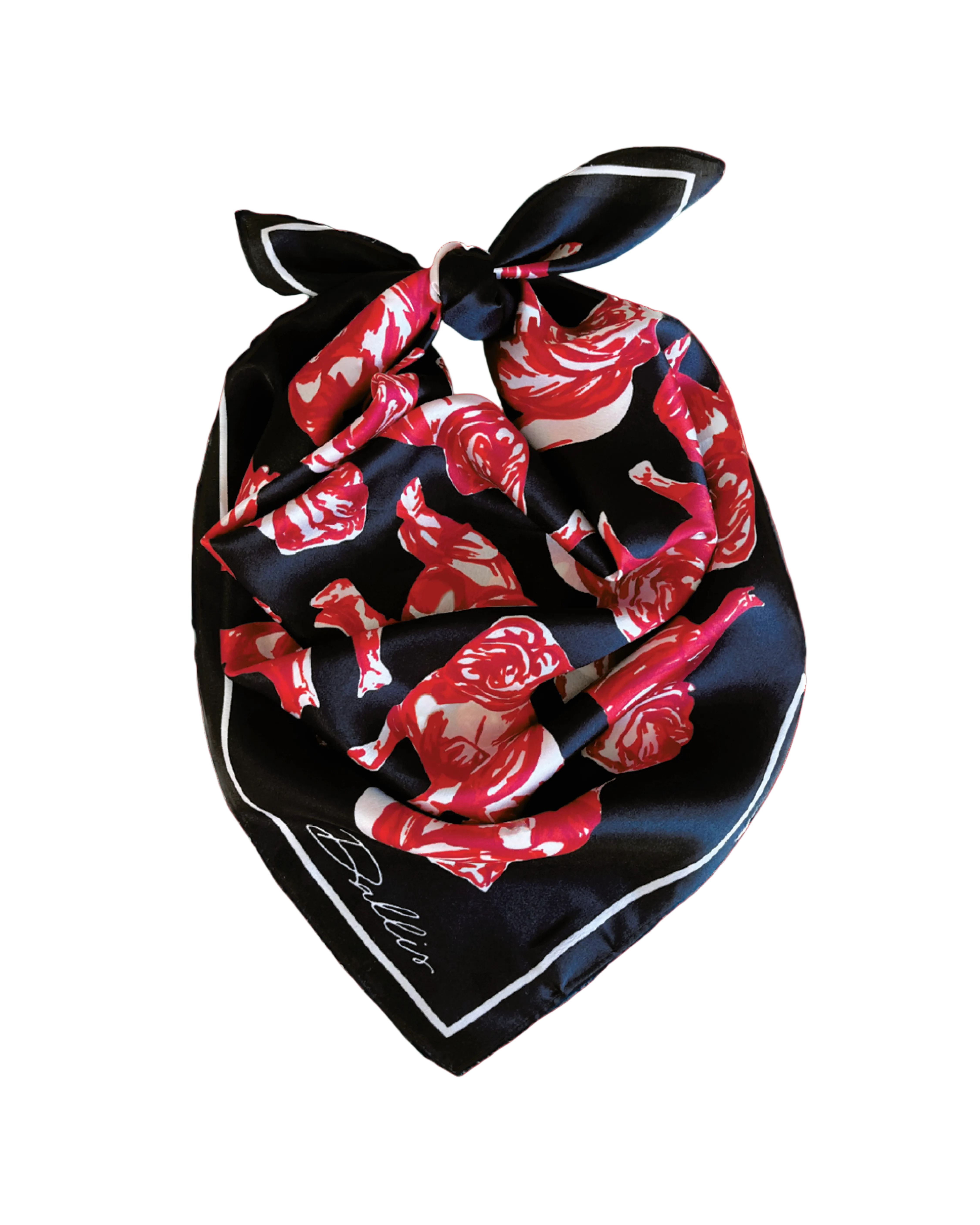Decorative scarf with red and black pattern on a red background