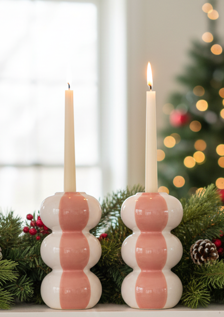 Set of Two Ceramic Striped Taper Candle Holders
