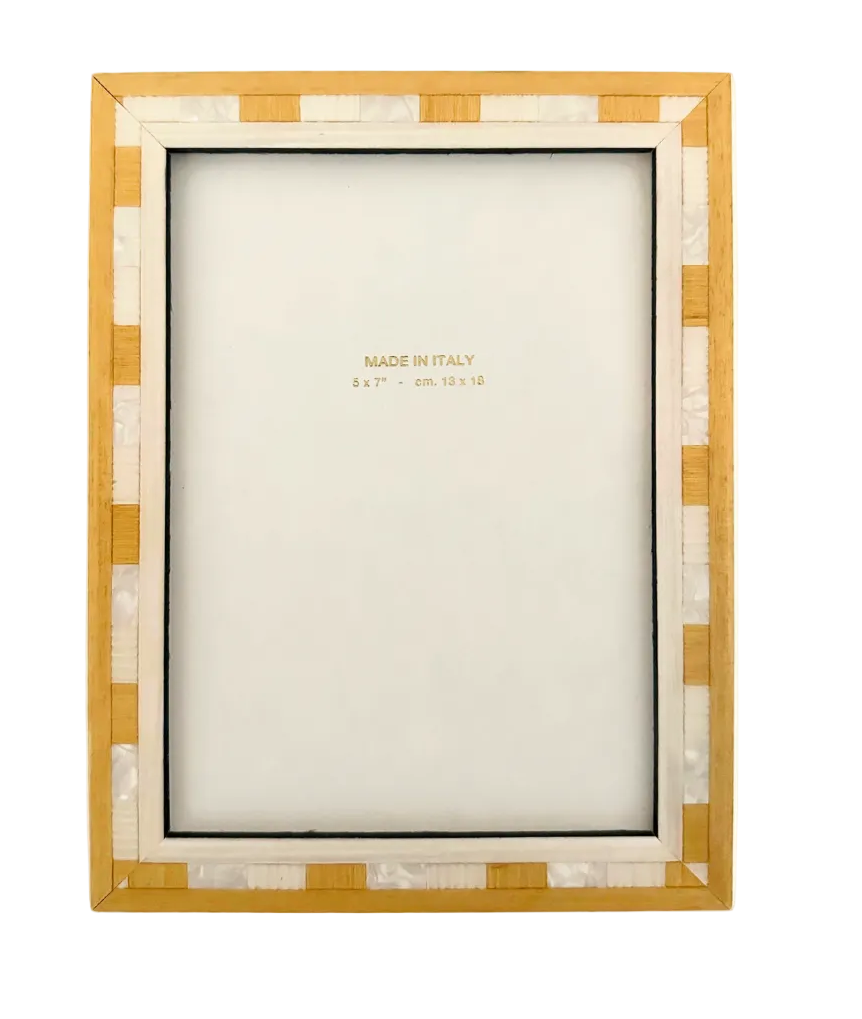 Wooden picture frame with decorative inlay on a white background