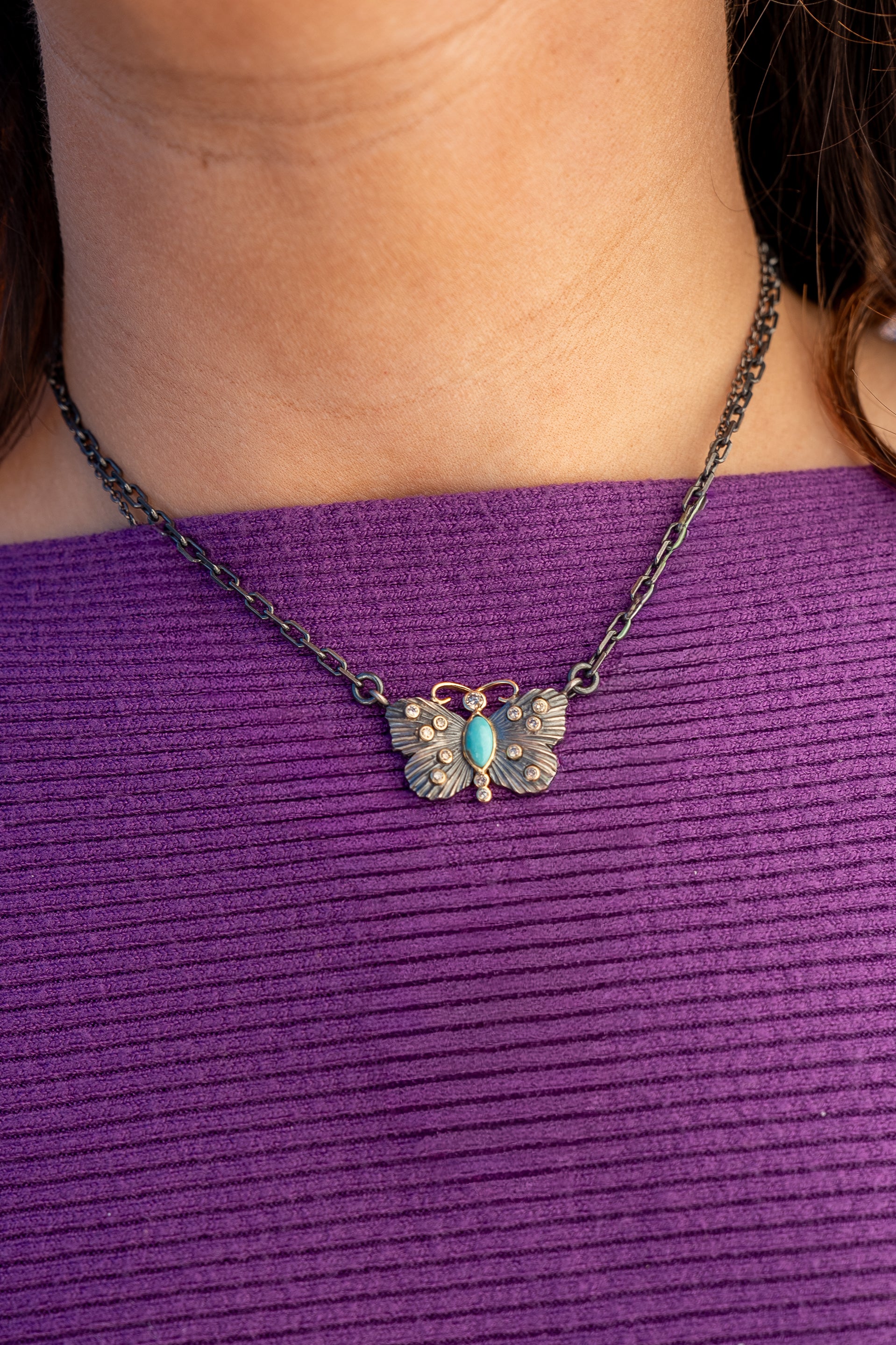 Turquoise & Diamond Butterfly Chain Necklace