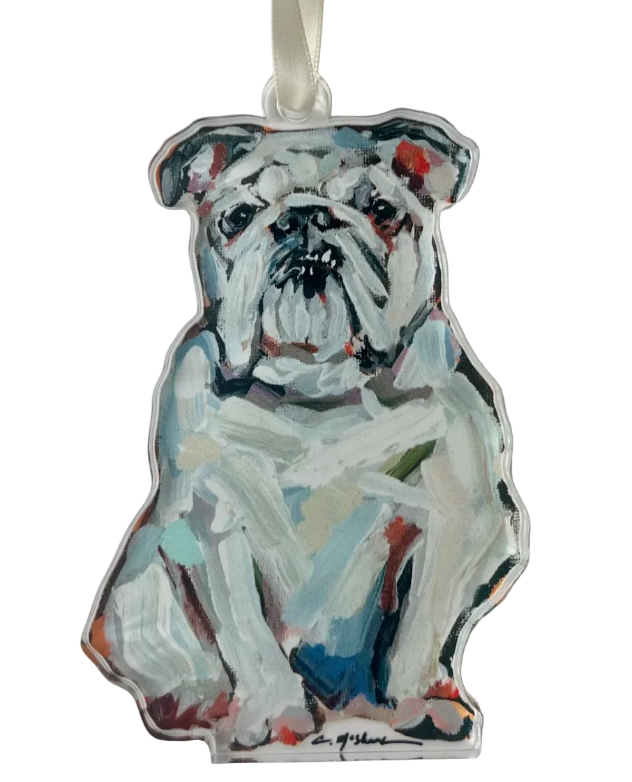 Decorative ornament with a bulldog design on a white background