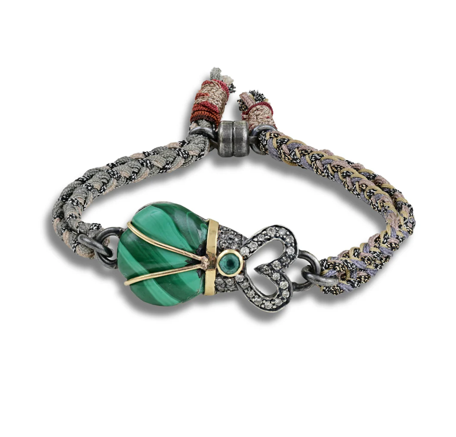 MALACHITE SCARAB BRACELET WITH EMERALD, DIAMONDS 10K GOLD AND STERLING