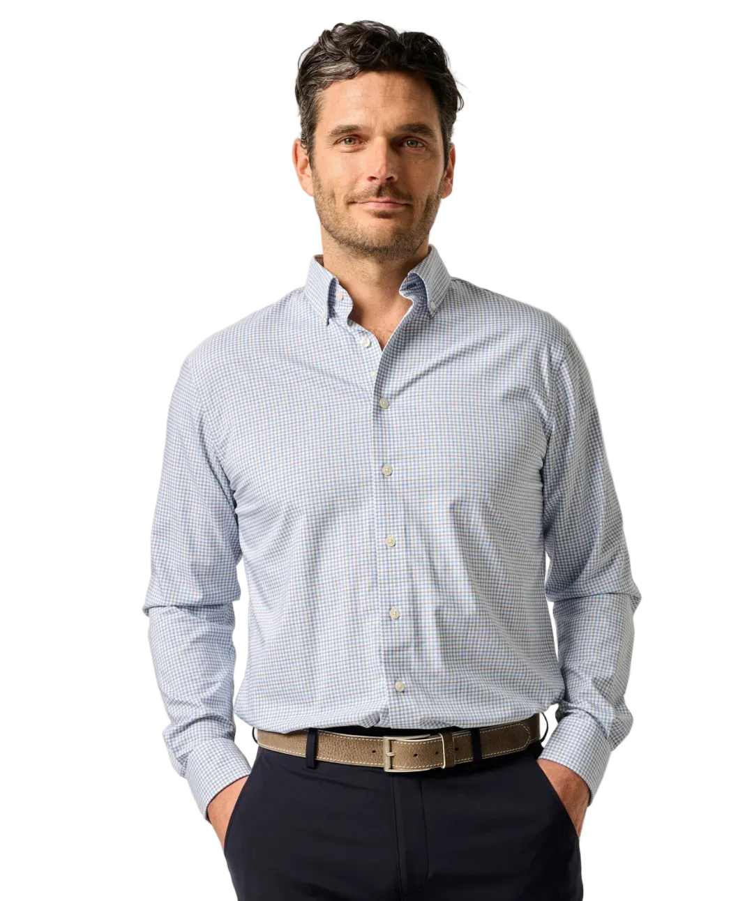 A man wearing a blue long-sleeved button-up shirt with the brand 'KOBY' displayed across the chest.