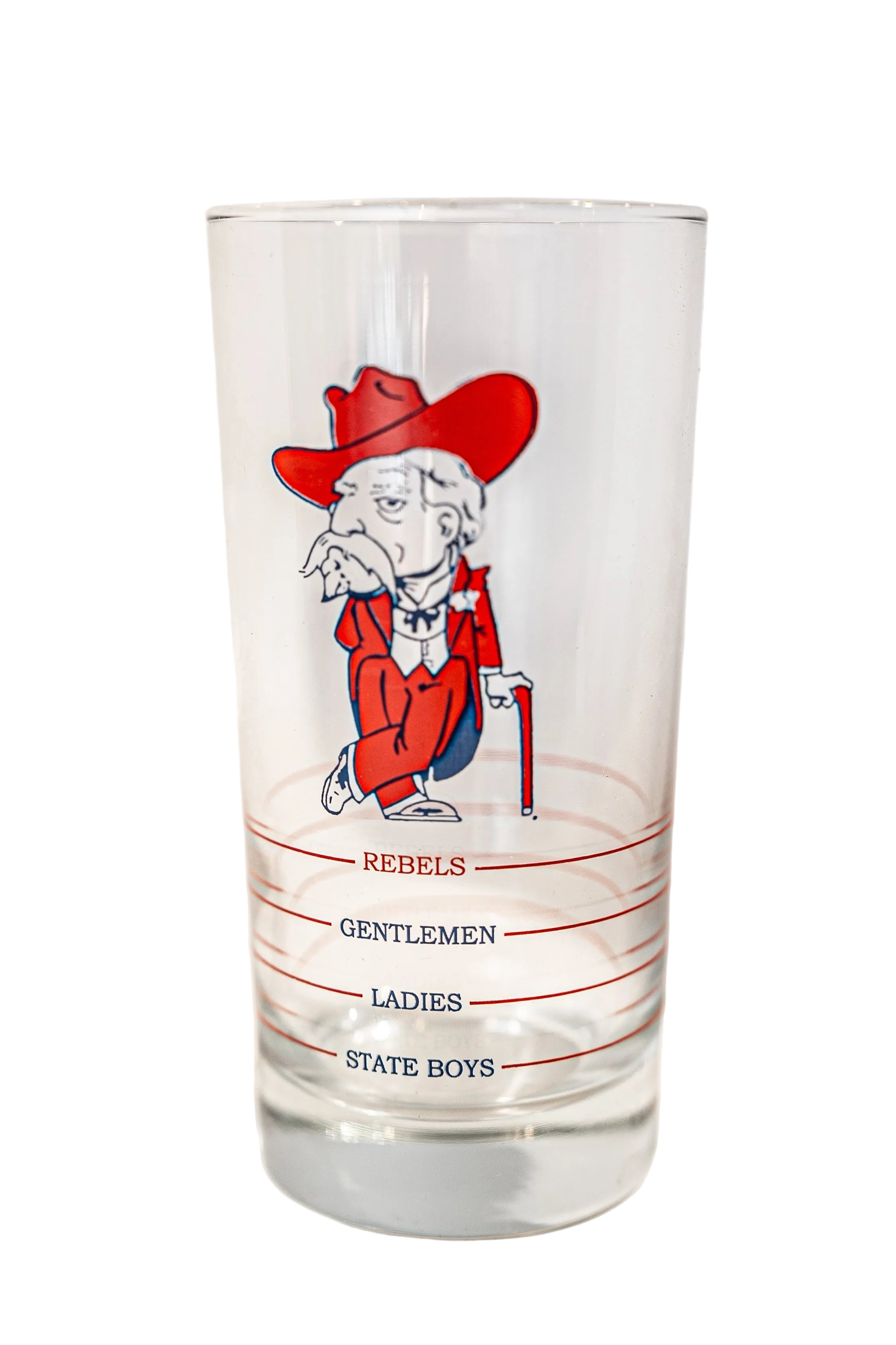 A clear glass with a cartoon illustration of a character in a red outfit and a red hat, with text 'REBELS' and 'GENTLEMEN'.