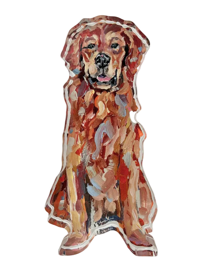 A three-dimensional acrylic sculpture of a Golden Retriever dog, with a red and multicolor paint application.