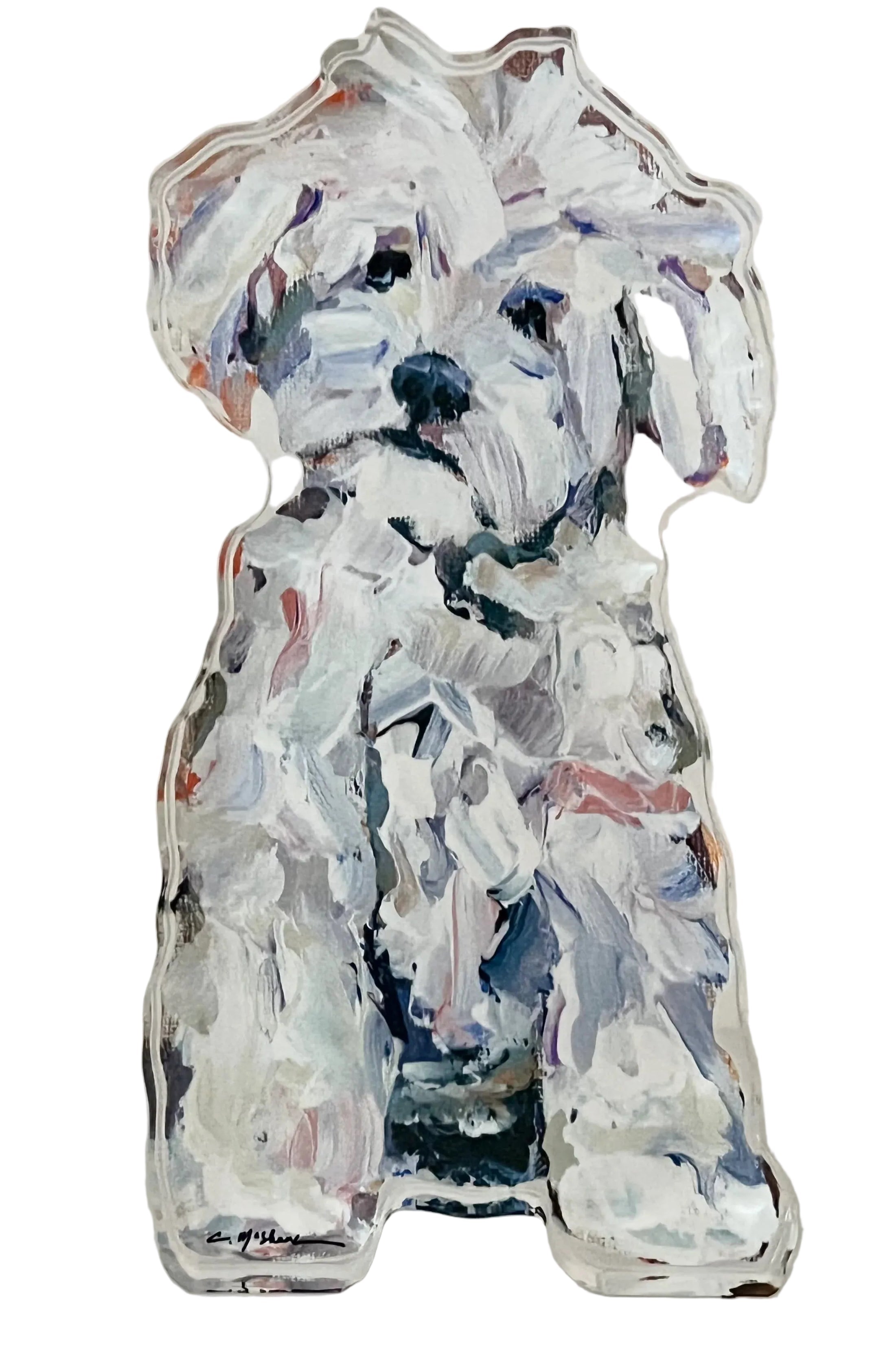 Glass sculpture of a dog on a plain background