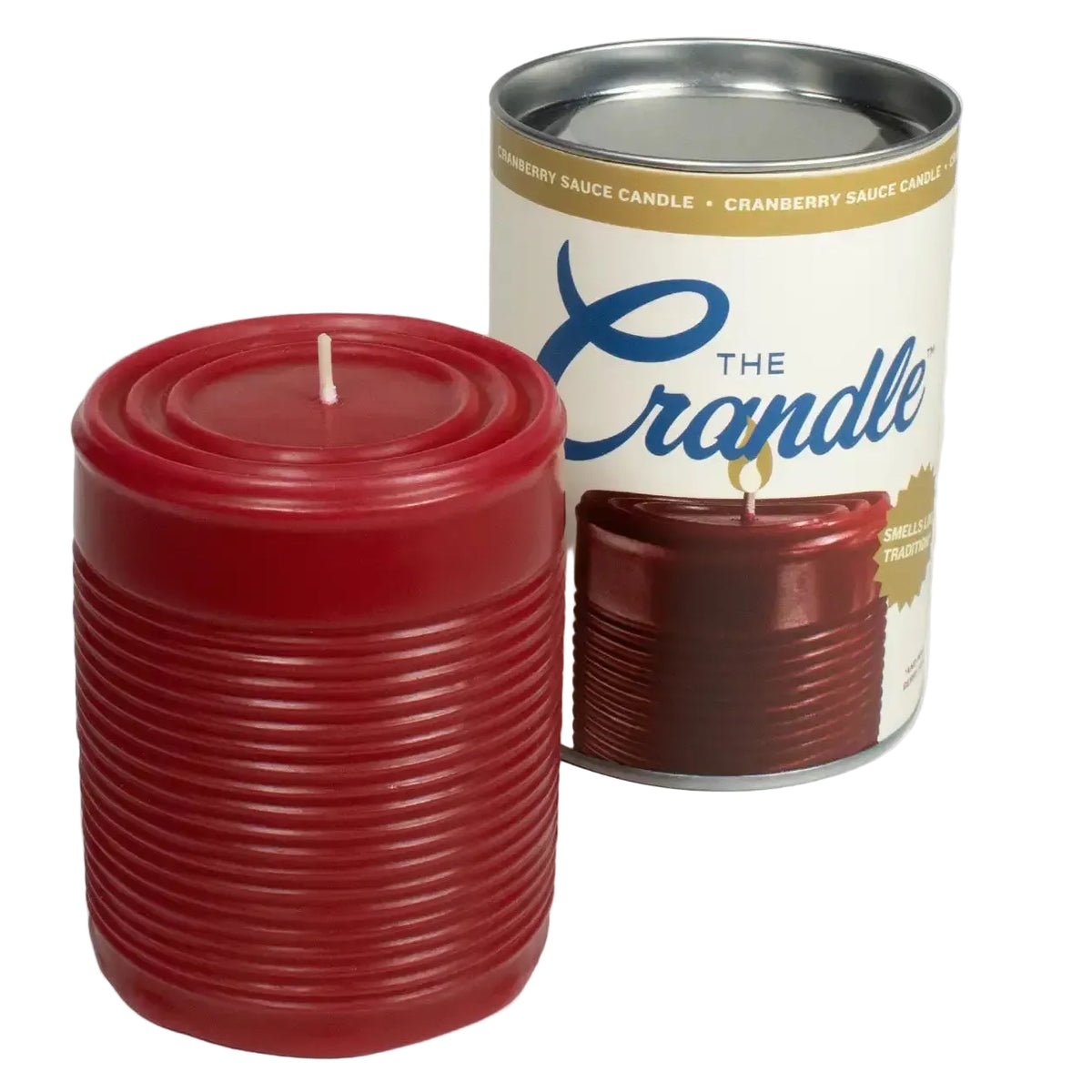 Red candle next to a canister labeled 'The Crandle' on a white background