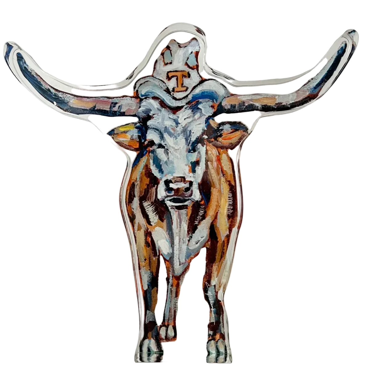 A three-dimensional acrylic sculpture of a longhorn steer with a multicolored paint job on a clear acrylic base.