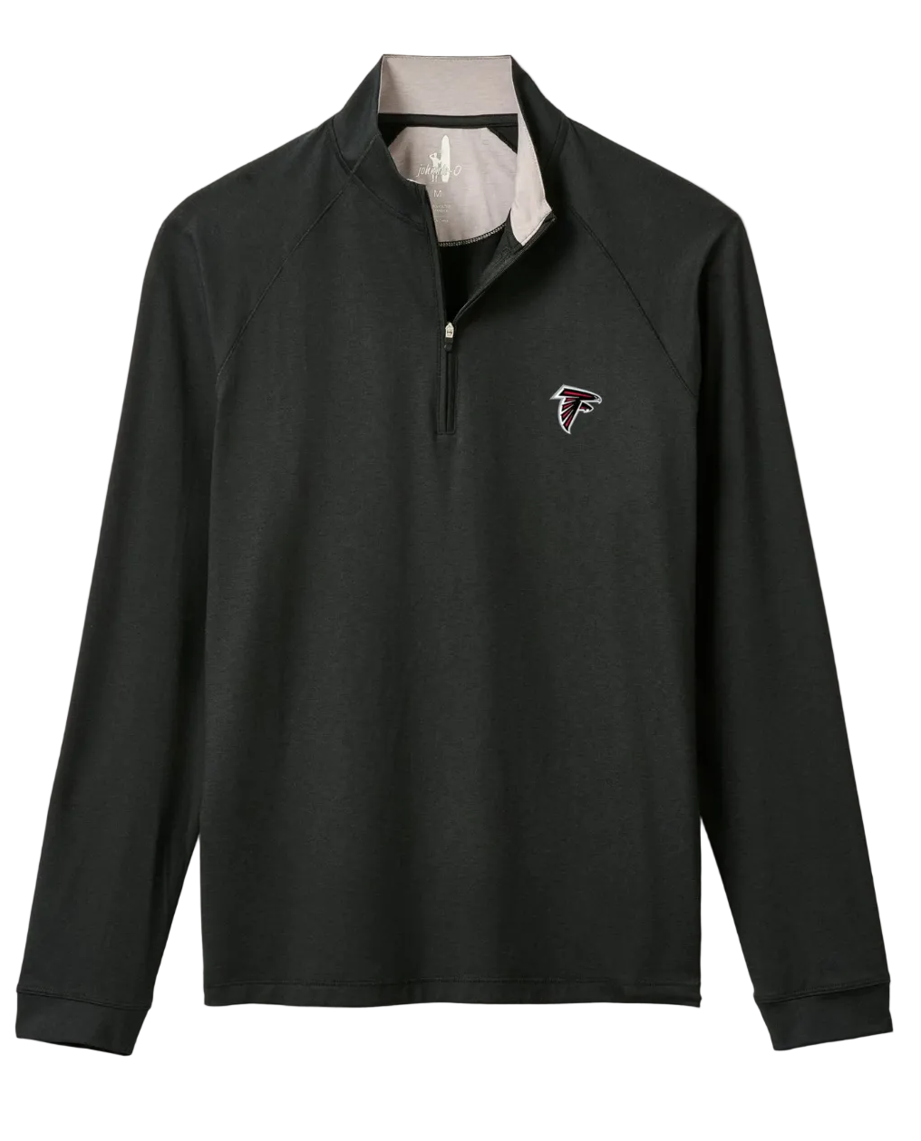 Black long-sleeve shirt with a logo on a light beige background