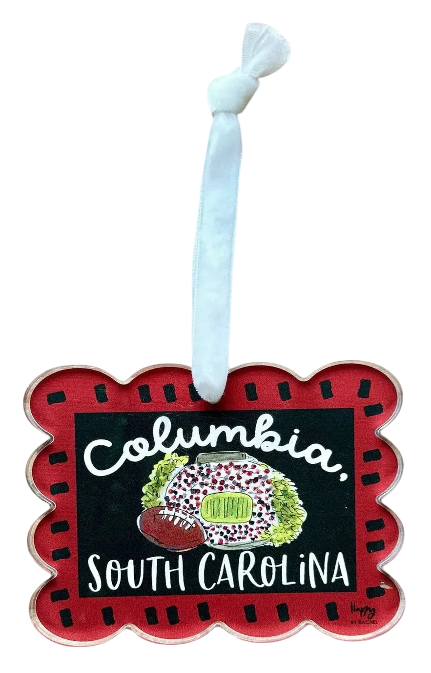 Miller Collective Columbia South Carolina acrylic scallop stadium ornament with a white ribbon hanger.