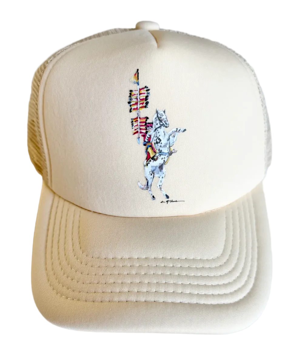 Beige trucker hat with embroidered design on a white background