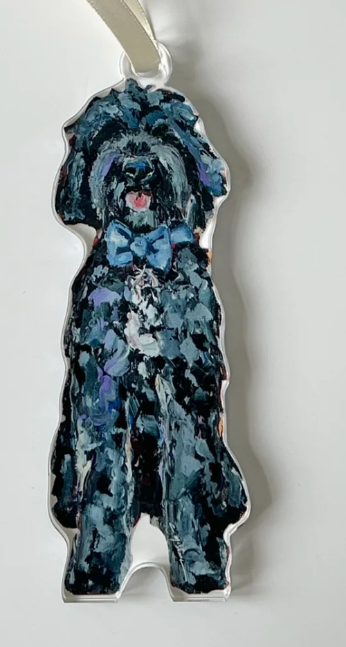 Goldendoodle Black With Blue Bow Acrylic Ornament