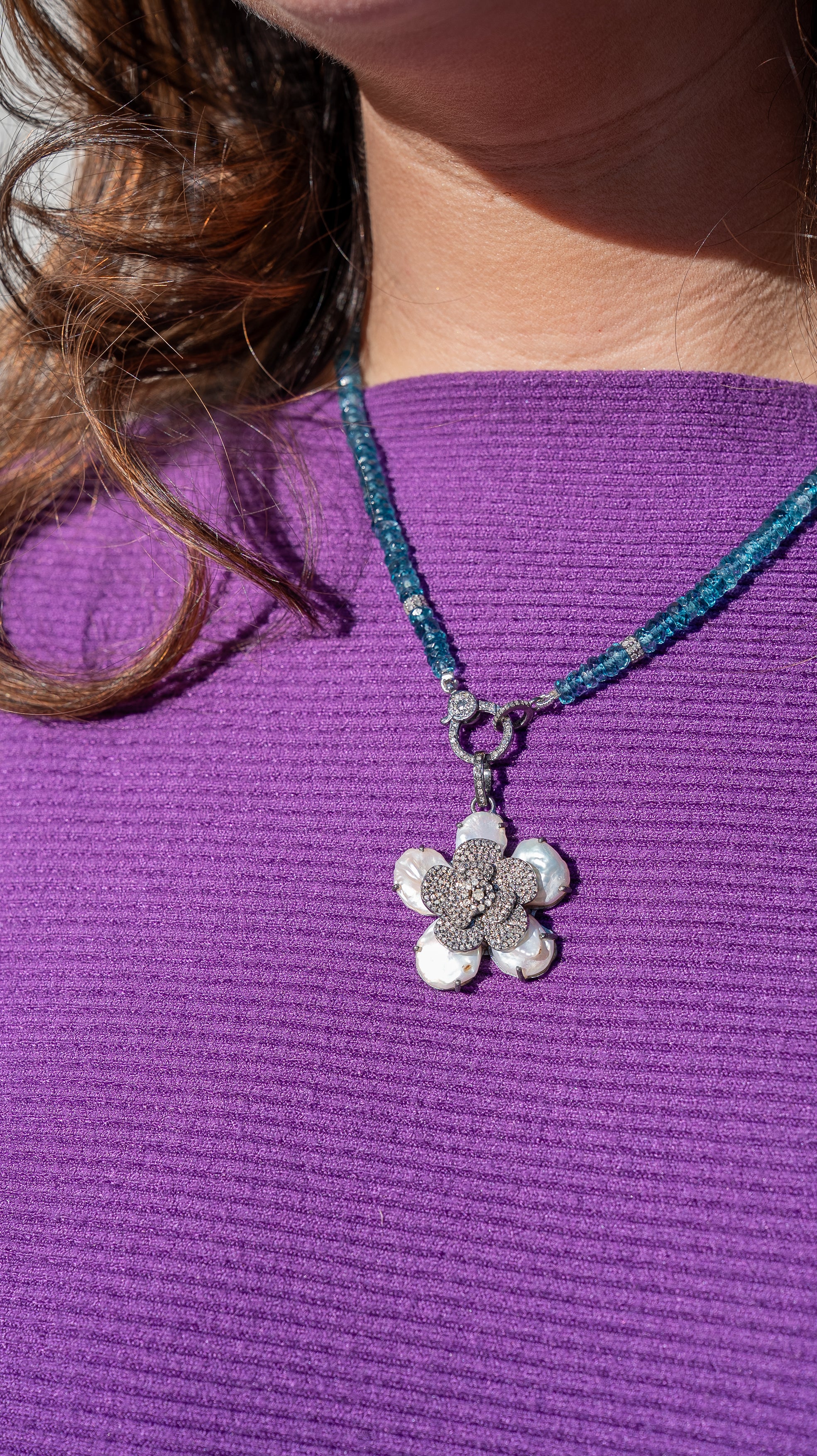 Pearl and Diamond Flower pendant on London Blue Topaz