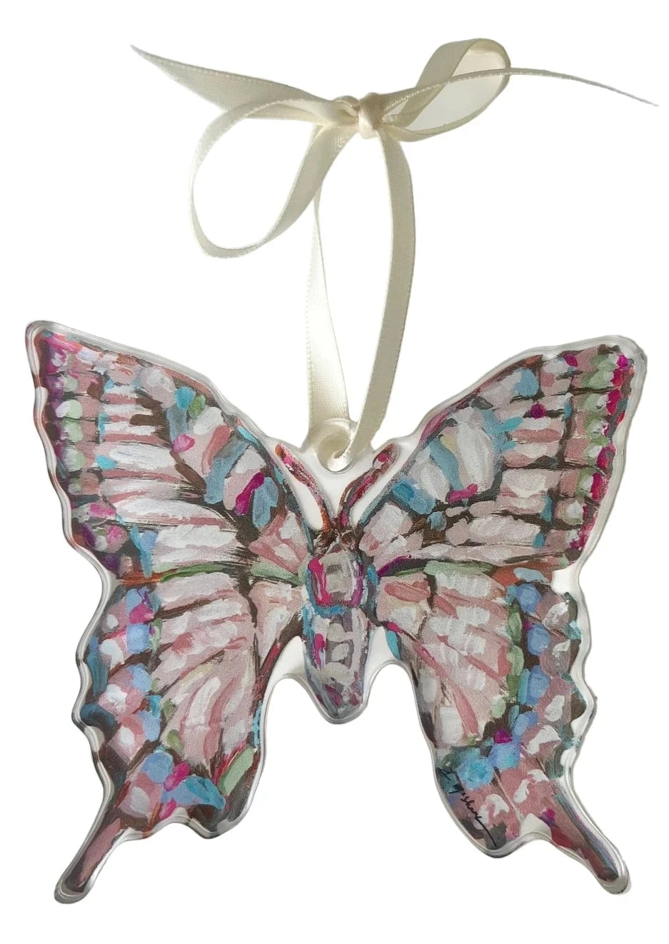 Decorative butterfly ornament with a ribbon on a white background