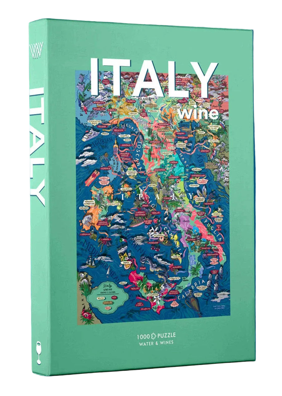 A mint green puzzle box titled 'ITALY wine' by Water & Wines, featuring a colorful illustrated map of Italy on the front, set against a solid dark blue background.