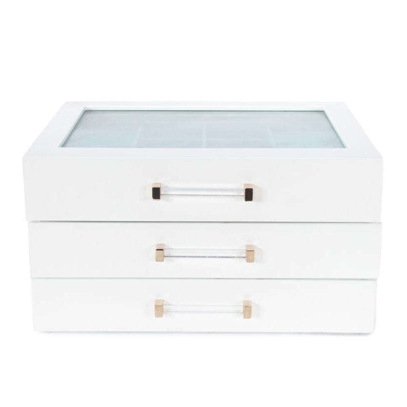 White jewelry box with glass top on a white background