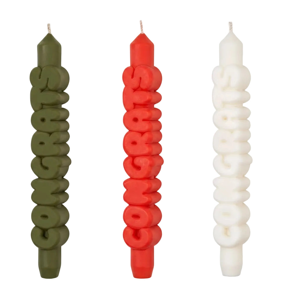 Three candles spelling 'Congratulations' in different colors on a white background