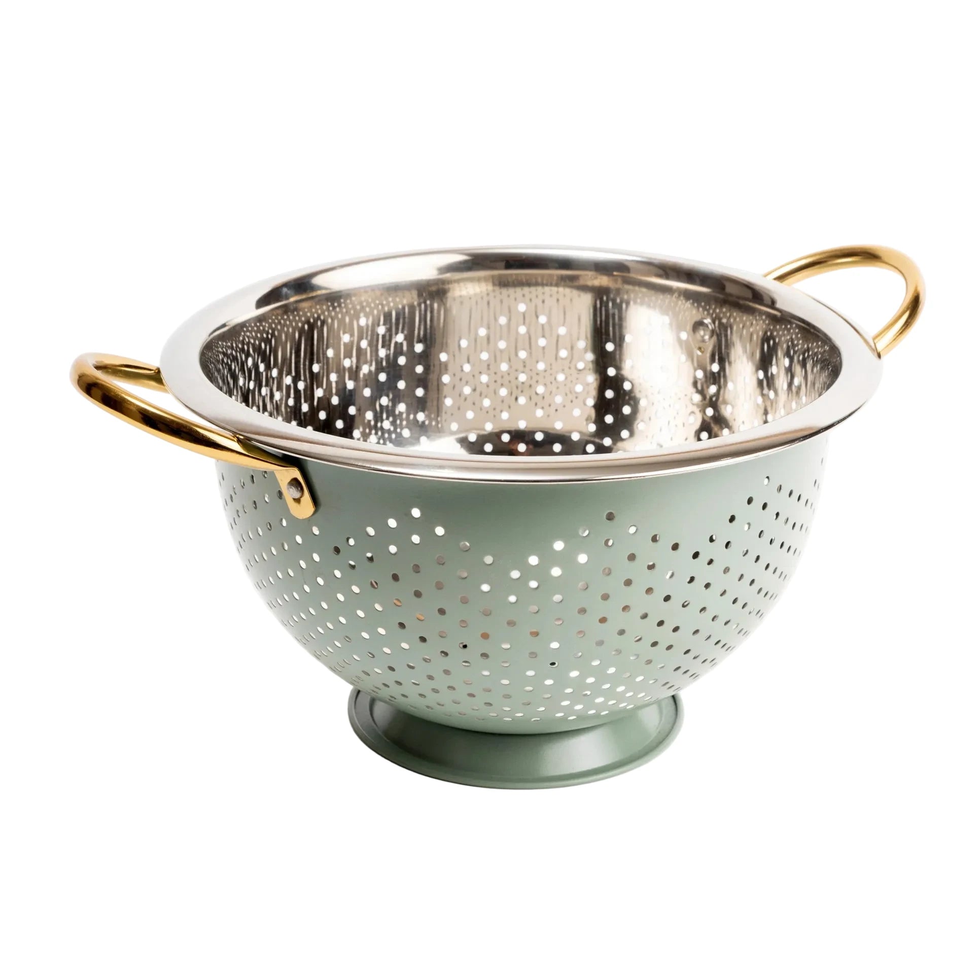 Mint green colander with gold handles on a white background