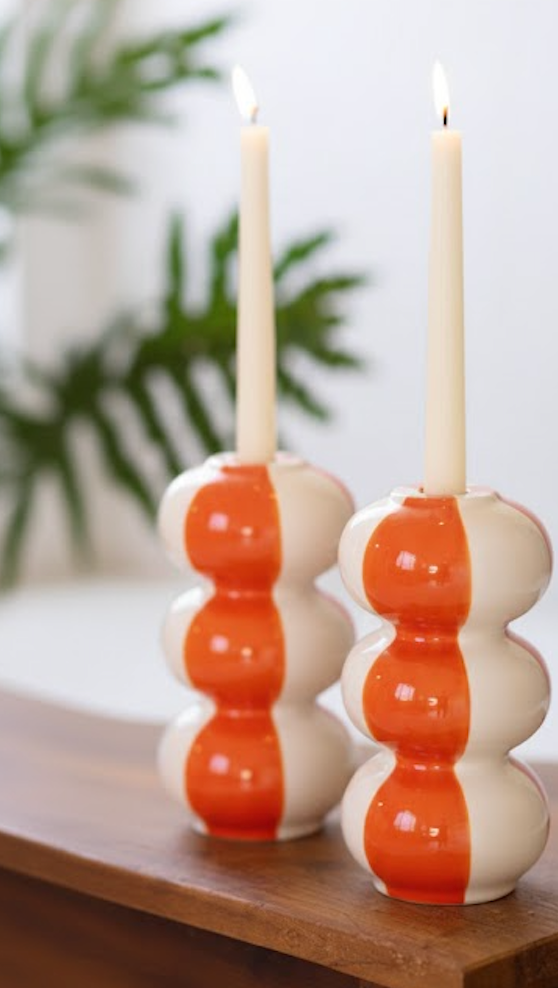 Set of Two Ceramic Striped Taper Candle Holders
