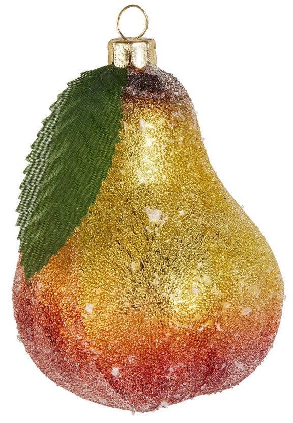 Decorative pear ornament with a green leaf on a white background
