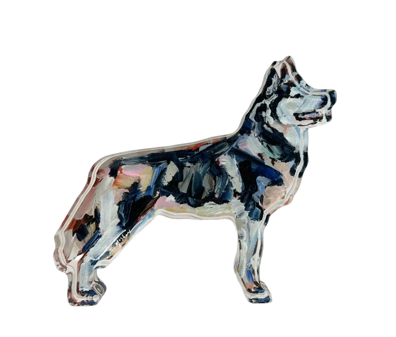 A three-dimensional acrylic sculpture of a Siberian Husky with a blurred background.