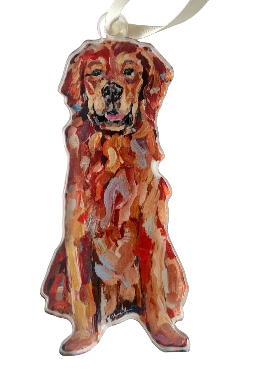 Acrylic ornament depicting a Golden Retriever dog in red and beige tones with a white ribbon at the top.