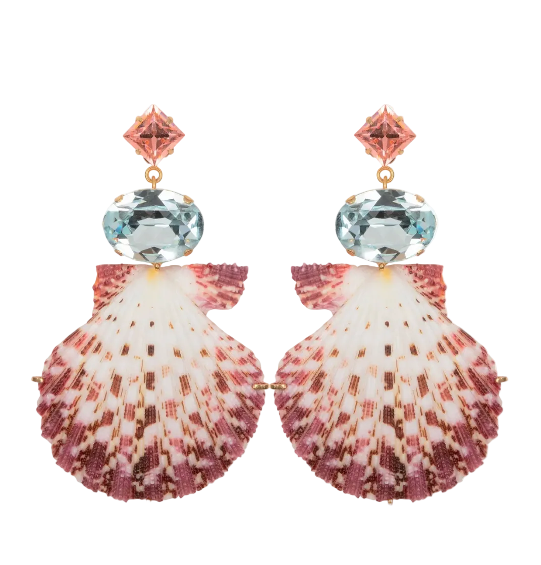 Shell-shaped earrings with gemstone-like elements on a white background