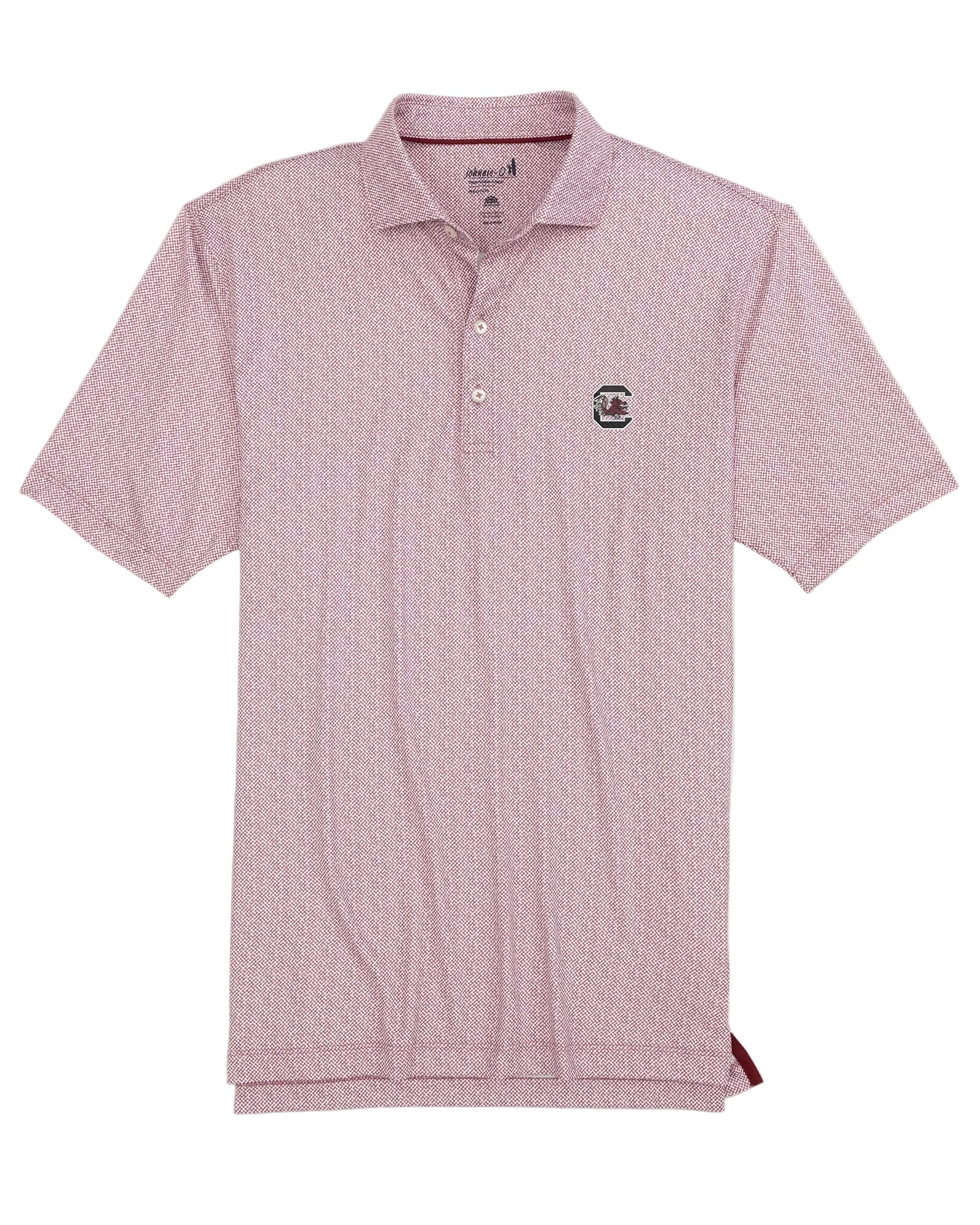 A pink polo shirt with a collar, button-up neck, and short sleeves.