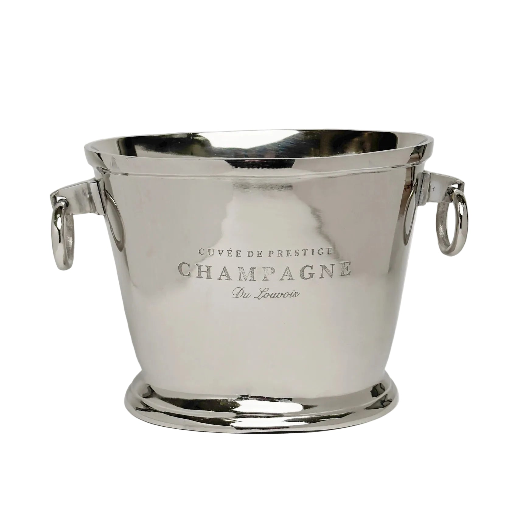 Silver champagne bucket with 'Champagne' text on a white background